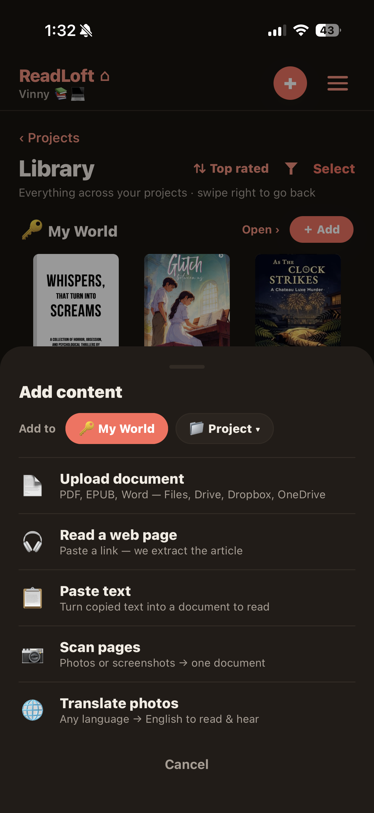 Add PDFs, EPUBs, web pages or snap a photo to read