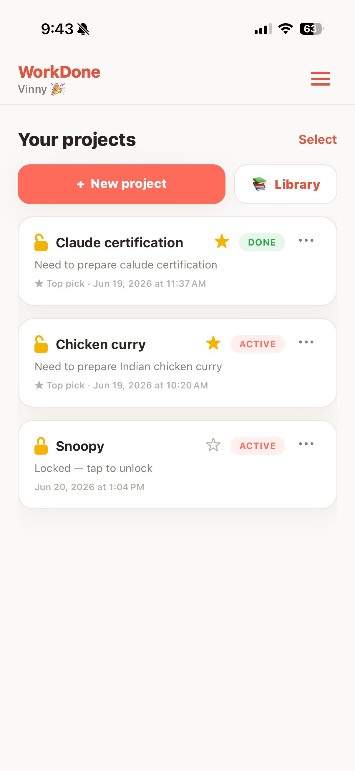 Your projects list in WorkDone
